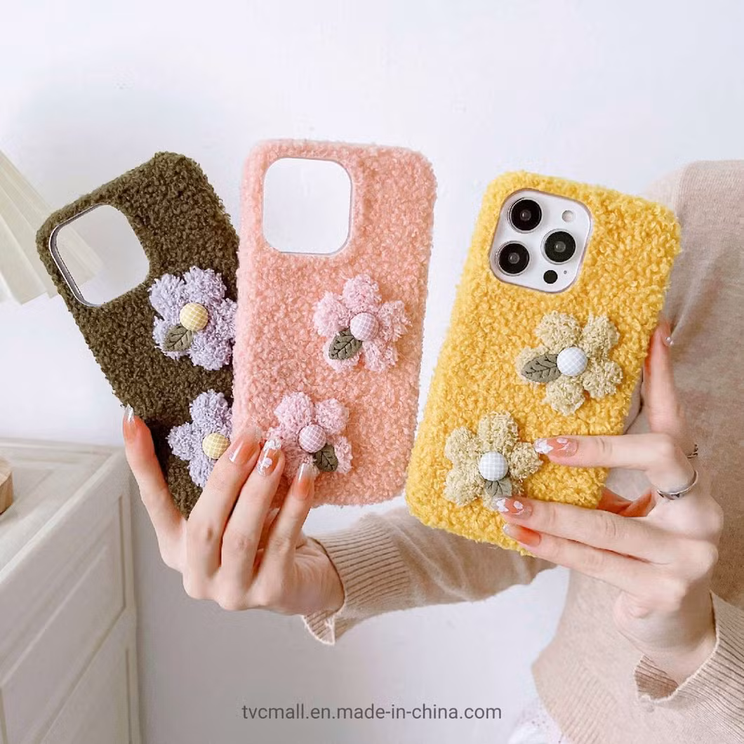 for iPhone 14 PRO Max Flower Decor Plush + TPU Soft Case Anti-Drop Protective Phone Cover - Brown