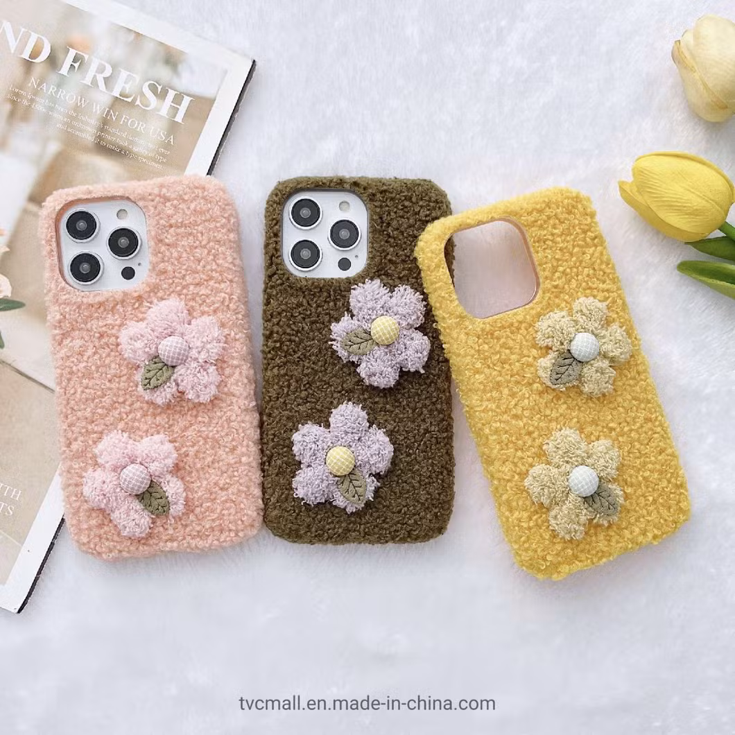 for iPhone 14 PRO Max Flower Decor Plush + TPU Soft Case Anti-Drop Protective Phone Cover - Brown