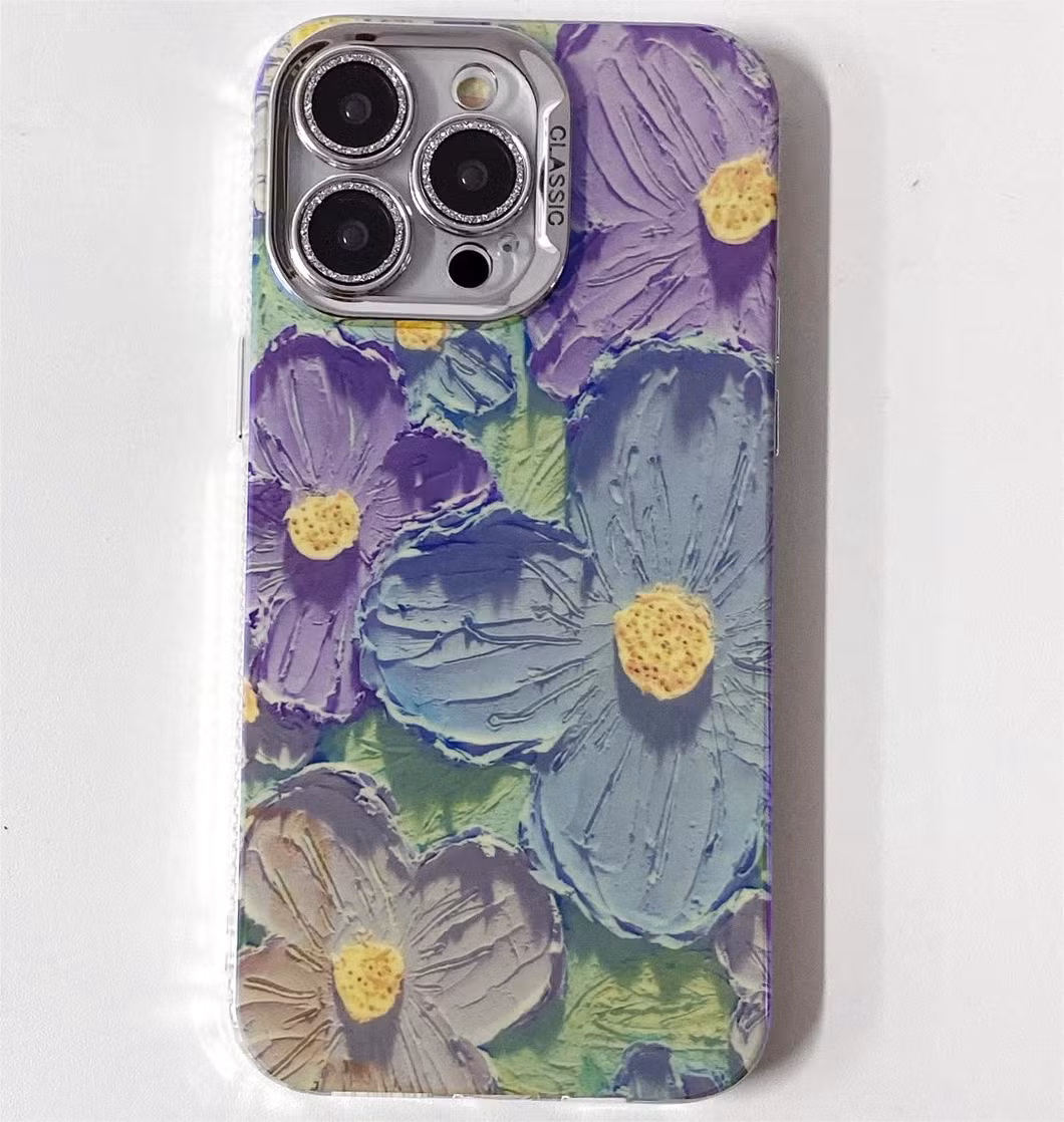 Oil Painting Purple Blue Flower Full Anti-Drop Protective Phone Case for iPhone15 14 13 12 11promax