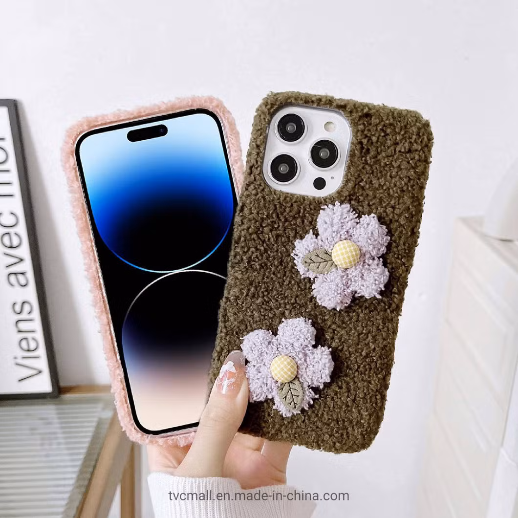 for iPhone 14 PRO Max Flower Decor Plush + TPU Soft Case Anti-Drop Protective Phone Cover - Brown