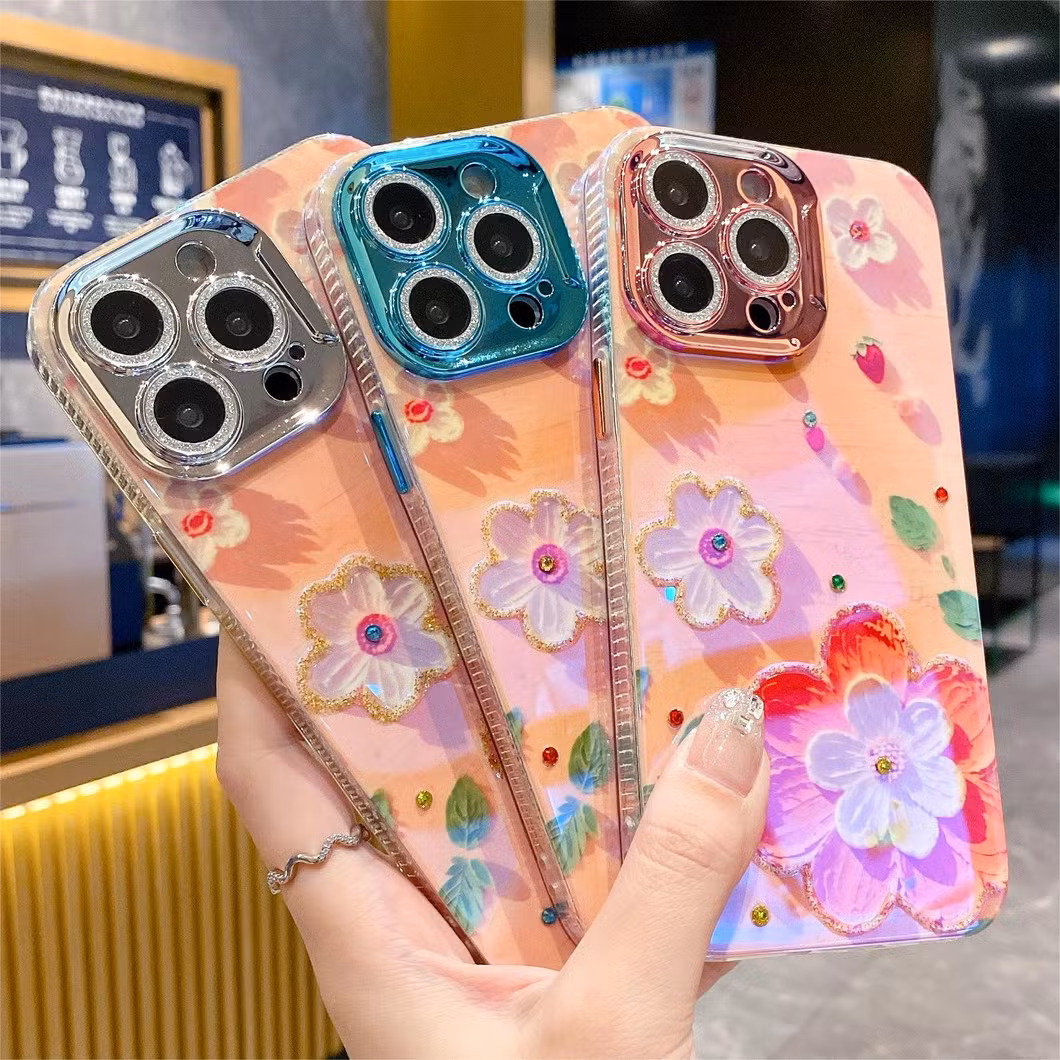 High-End Luxury Blue Rhinestone Flower Mobile Phone Case for iPhone15 14 13 12 11promax with All-Inclusive Lens