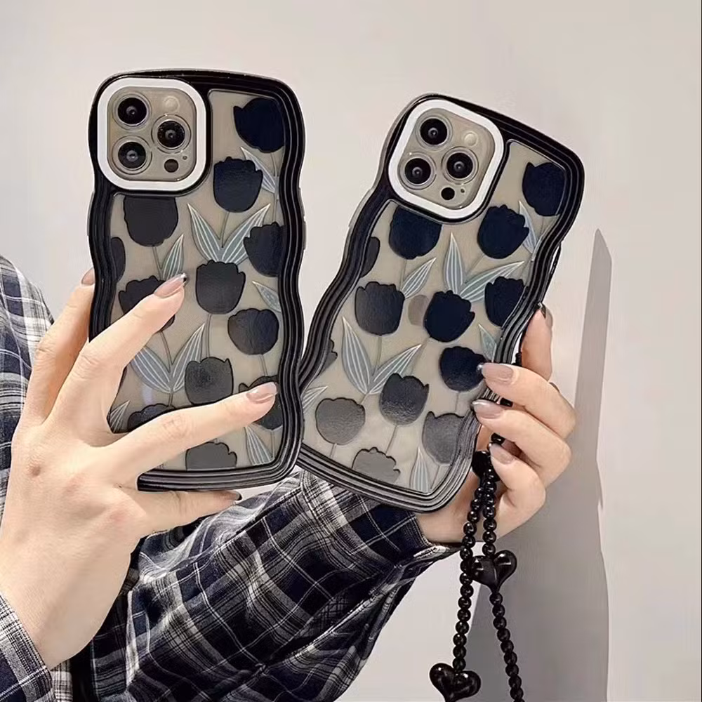Big Wave Black Love Anti Drop Flower Phone Case for I-Phone 16