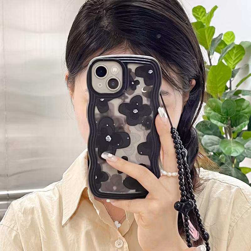 Big Wave Black Love Anti Drop Flower Phone Case for I-Phone 16