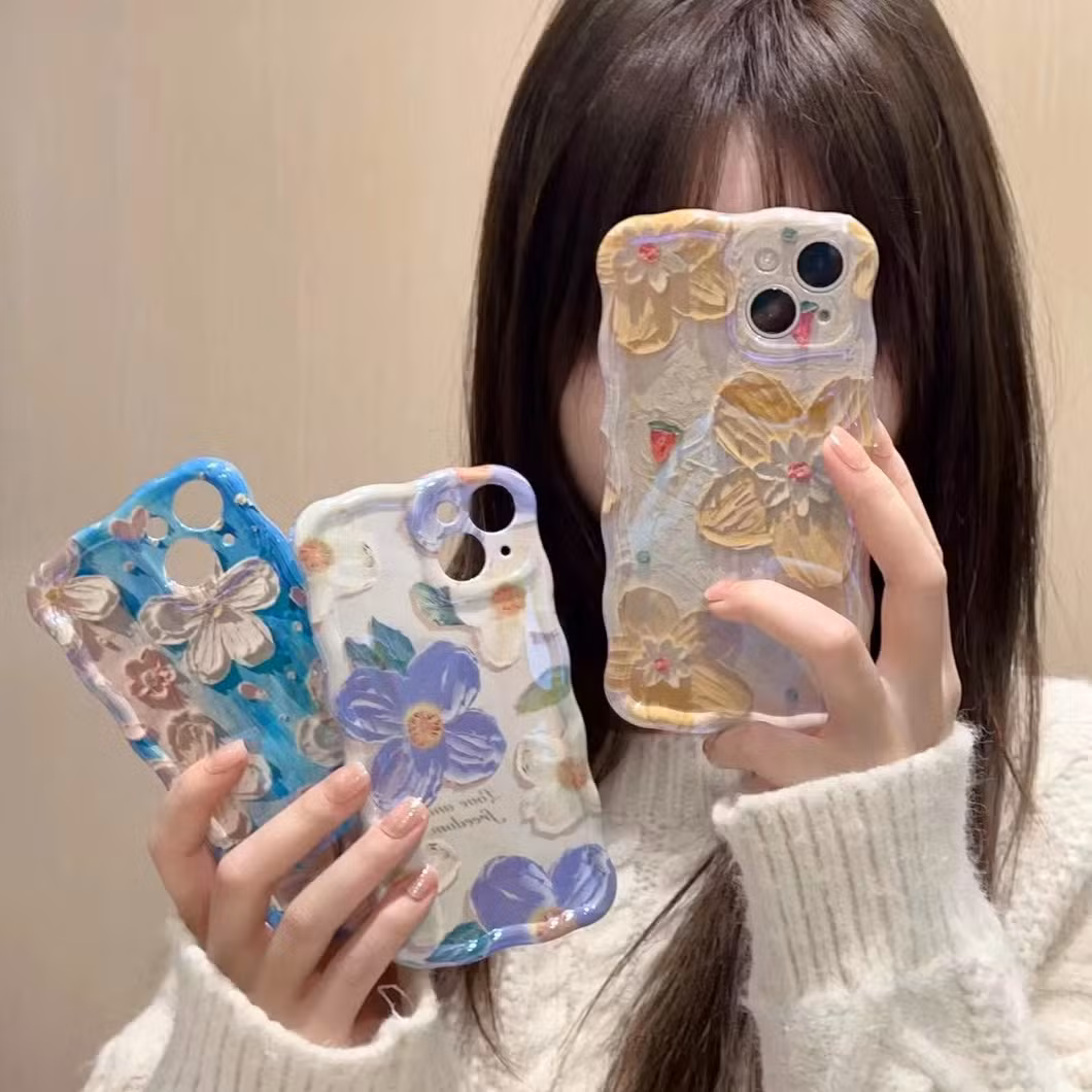 Ins Wavy Edge Oil Painting Flowers Blue Light New Female Mobile Phone Case with Chain Bracelet for iPhone 14 13 12 15 PRO Max