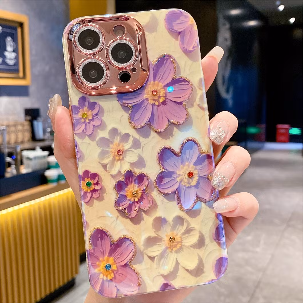 Blue Rhinestone Oil Painting Purple Flower Phone Case for iPhone15 14 13 12 11promax with Anti-Fall Protective