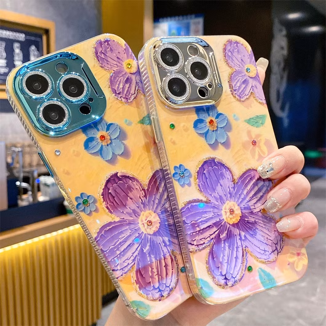 Advanced Flash Oil Painting Flower Phone Case with All-Inclusive Fall Protection Case for iPhone 15 14 13 12 11promax