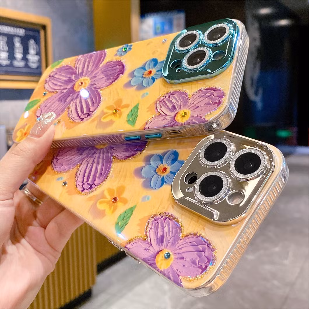 Advanced Flash Oil Painting Flower Phone Case with All-Inclusive Fall Protection Case for iPhone 15 14 13 12 11promax
