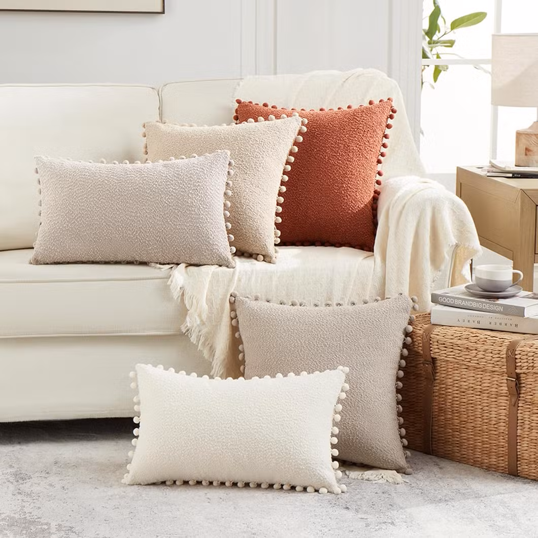 Textured Boucle Decorative Throw Pillow Cases with POM Poms for Couch Sofa Bedroom Aesthetic Modern Boho Home Decor