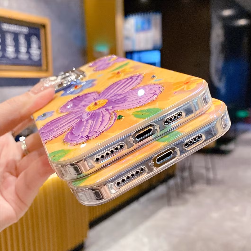 Advanced Flash Oil Painting Flower Phone Case with All-Inclusive Fall Protection Case for iPhone 15 14 13 12 11promax