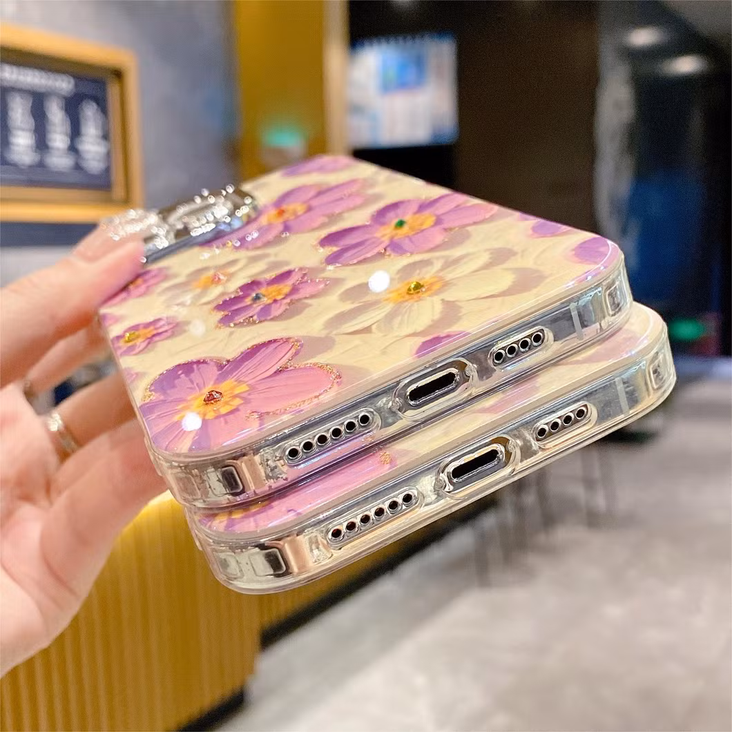 Blue Rhinestone Oil Painting Purple Flower Phone Case for iPhone15 14 13 12 11promax with Anti-Fall Protective