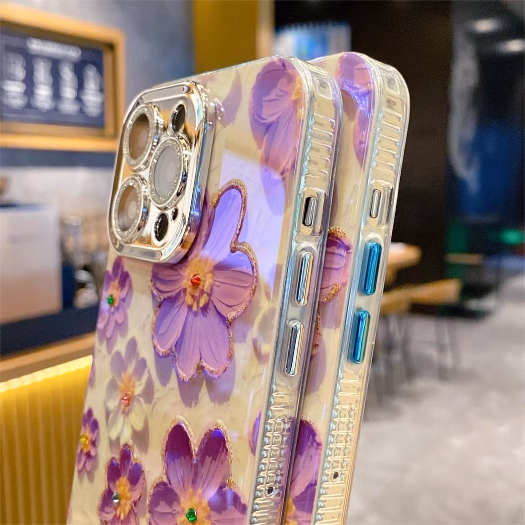 Blue Rhinestone Oil Painting Purple Flower Phone Case for iPhone15 14 13 12 11promax with Anti-Fall Protective