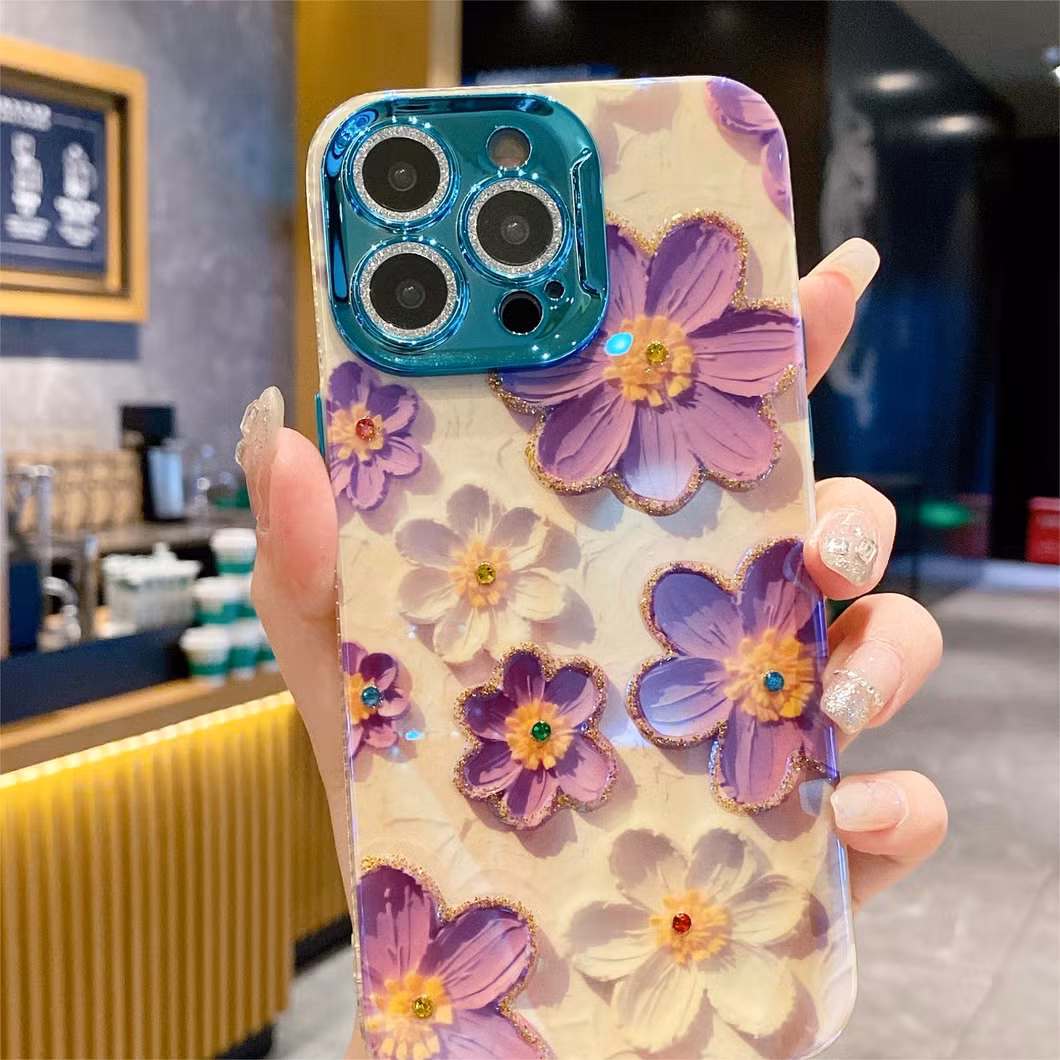 Blue Rhinestone Oil Painting Purple Flower Phone Case for iPhone15 14 13 12 11promax with Anti-Fall Protective