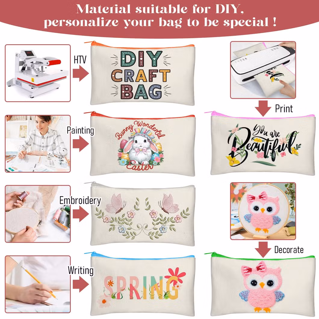 Recycled Blank Craft Canvas Pencil Bags & Cases Makeup Eco Custom Printed Logo Zipper Pouch