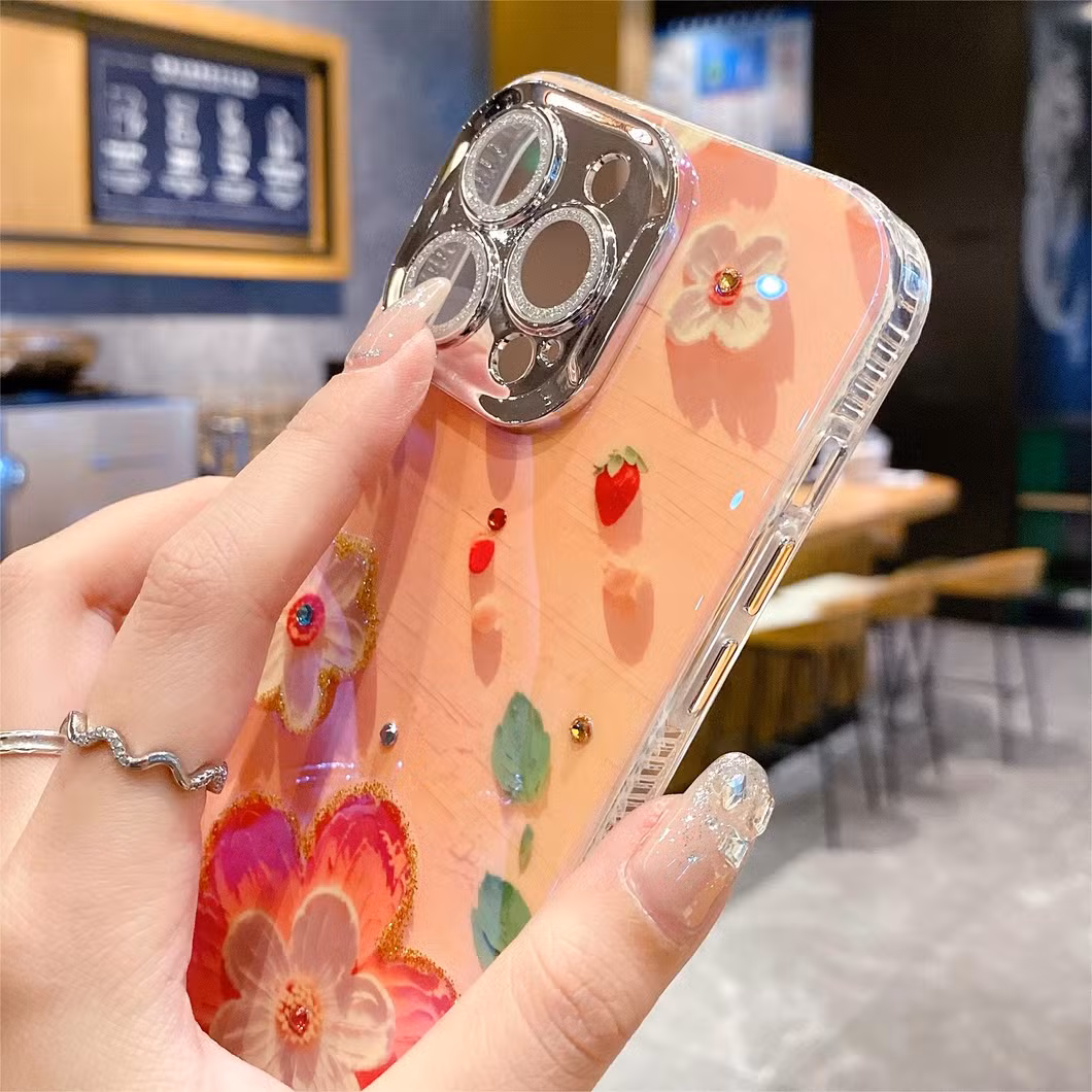 High-End Luxury Blue Rhinestone Flower Mobile Phone Case for iPhone15 14 13 12 11promax with All-Inclusive Lens