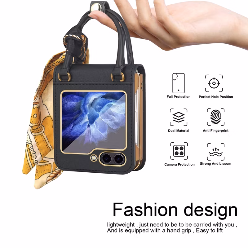 Factory Price Soft TPU Leather Hard PC Cell Phone Folding Case with Slik Strap for Samsung Galaxy Z Flip 5 4 3 5g