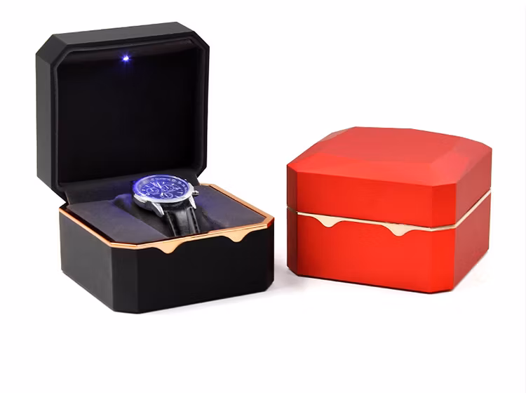 Custom Logo LED Light Watch Roll up Luxury Genuine Leather 1 Slot Watch Case Gift Packaging Case Watch Storage Case