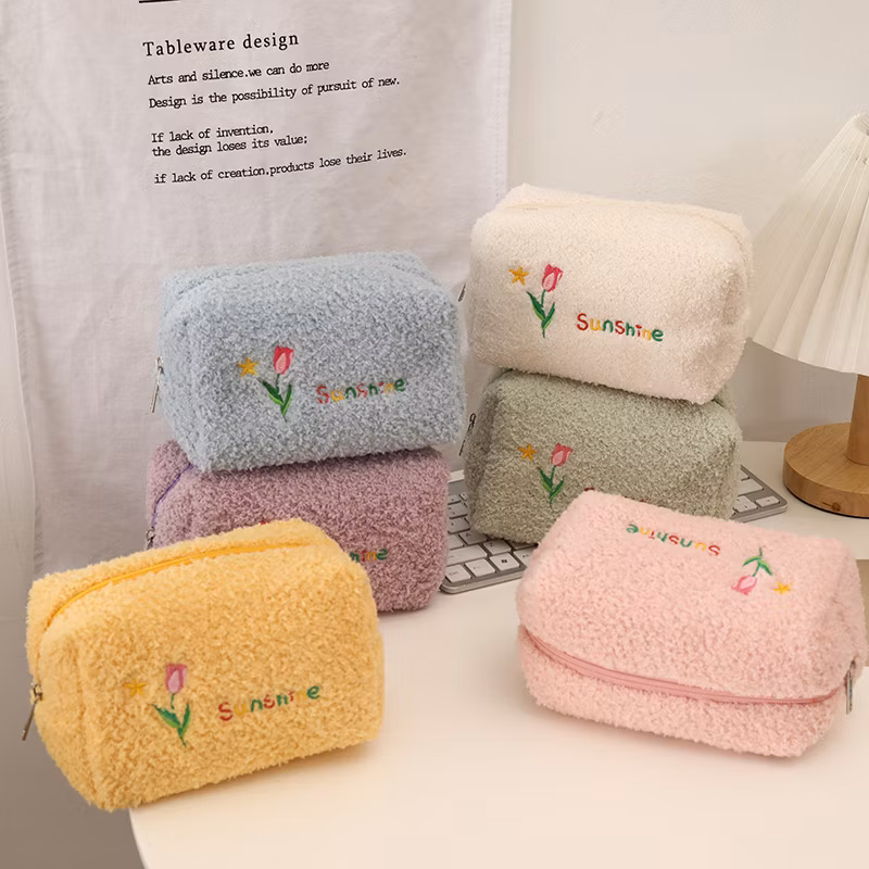 Factory Price Flannel Zipper Kawaii Rectangular Pencil Bag Pencil Case for Promotion Gift