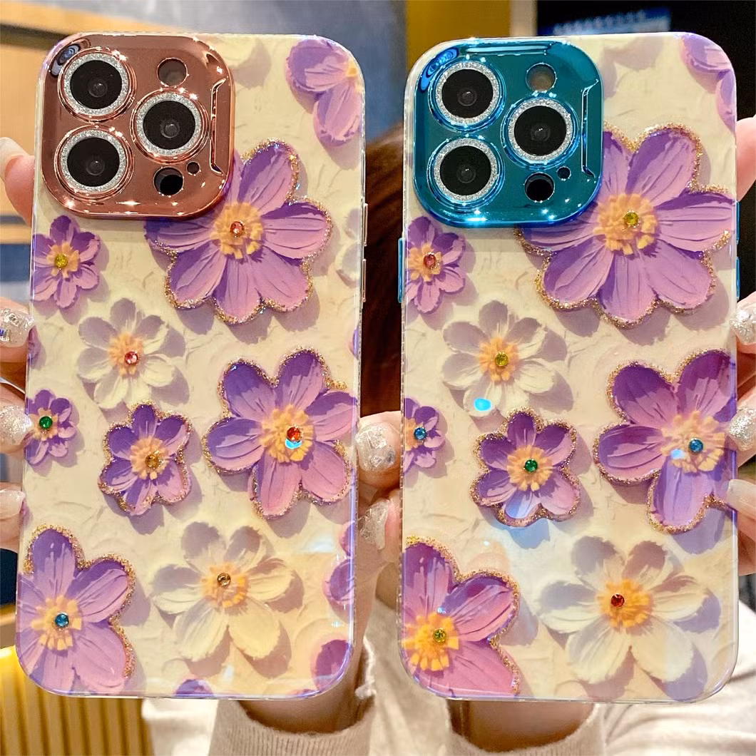 Blue Rhinestone Oil Painting Purple Flower Phone Case for iPhone15 14 13 12 11promax with Anti-Fall Protective