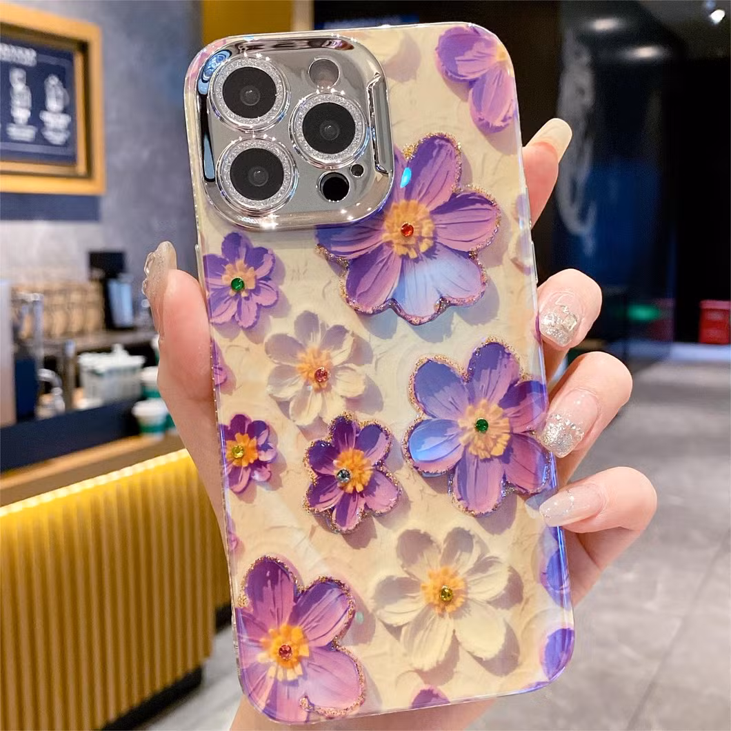 Blue Rhinestone Oil Painting Purple Flower Phone Case for iPhone15 14 13 12 11promax with Anti-Fall Protective