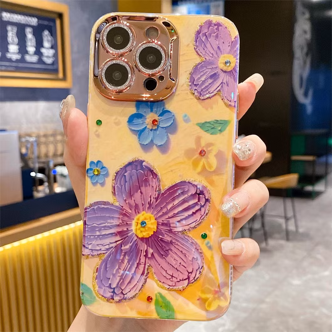 Advanced Flash Oil Painting Flower Phone Case with All-Inclusive Fall Protection Case for iPhone 15 14 13 12 11promax