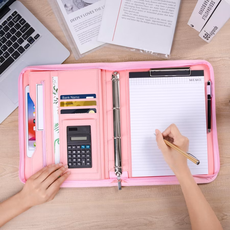 Business Portfolio A4 Binder Zippered Leather Executive Compendium Document Folder Case