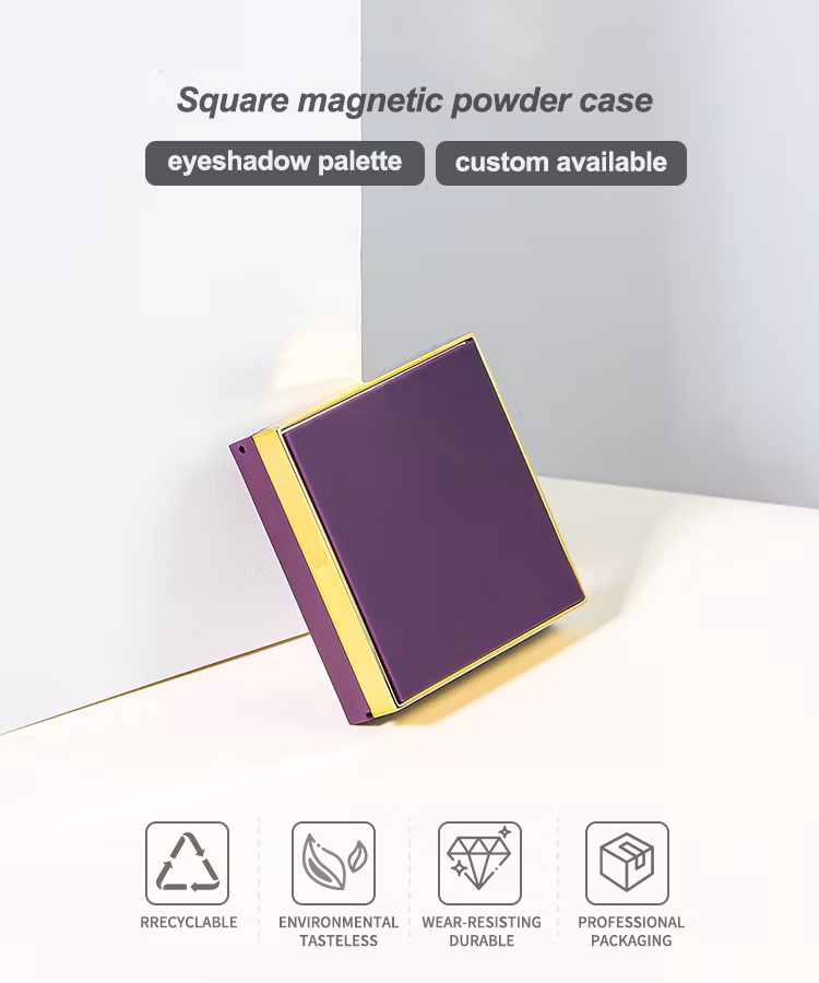 Free Sample Custom Square Purple Magnetic Empty Blush Compact Powder Case with Mirror Powder Compact Case Container