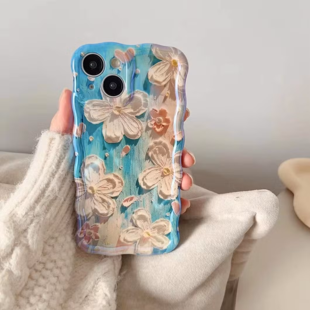 Ins Wavy Edge Oil Painting Flowers Blue Light New Female Mobile Phone Case with Chain Bracelet for iPhone 14 13 12 15 PRO Max