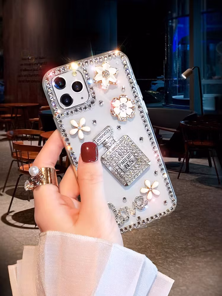 Perfume Bottle Apple 14PRO Rhinestone Flower 11 Transparent Soft Case IP 15/13 Mobile Phone Case