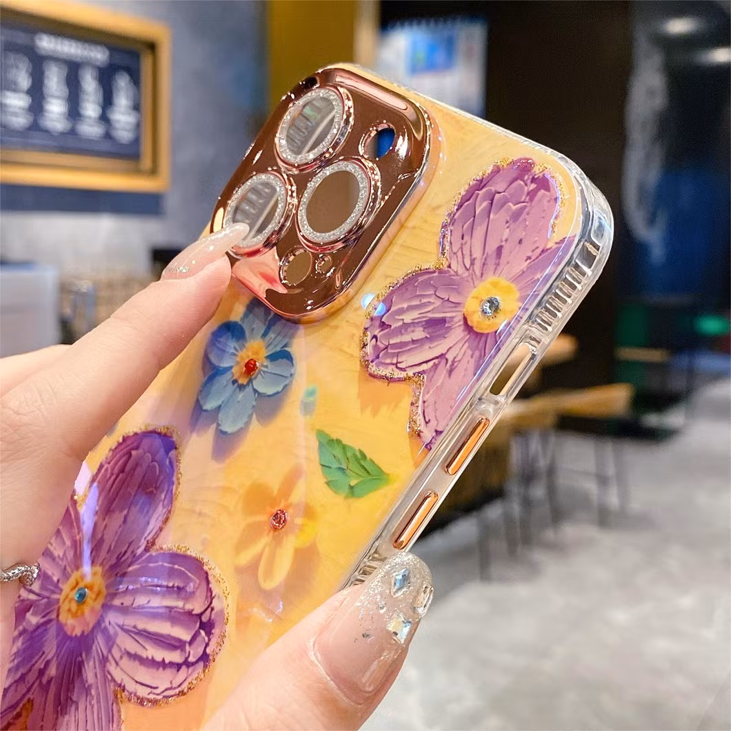 Advanced Flash Oil Painting Flower Phone Case with All-Inclusive Fall Protection Case for iPhone 15 14 13 12 11promax