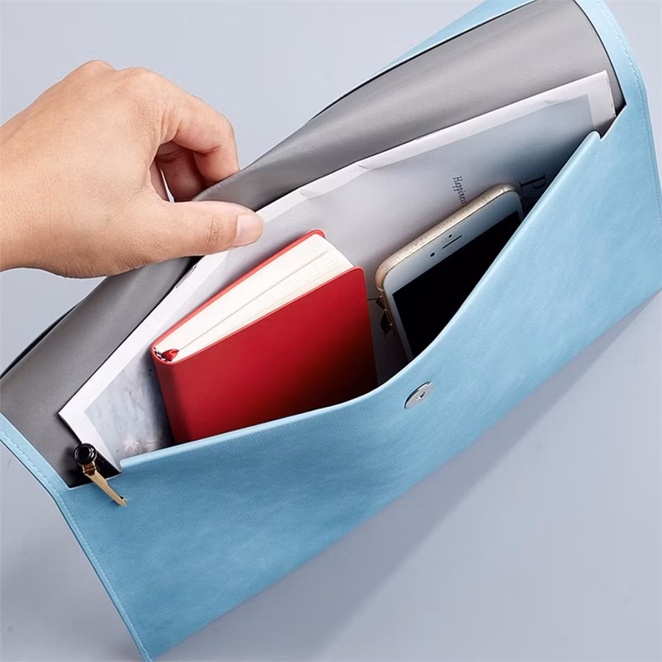 Leather Blue A4 Document Holder Waterproof Portfolio Envelope Expanding File Folder Case