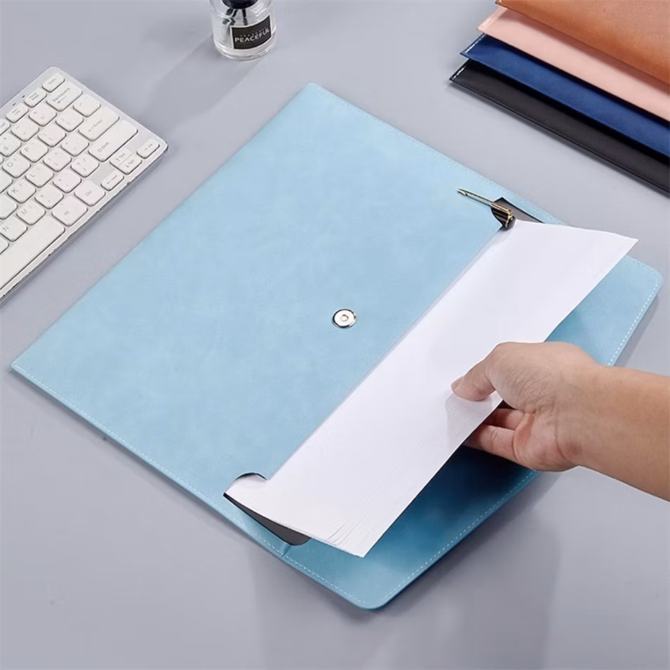 Leather Blue A4 Document Holder Waterproof Portfolio Envelope Expanding File Folder Case