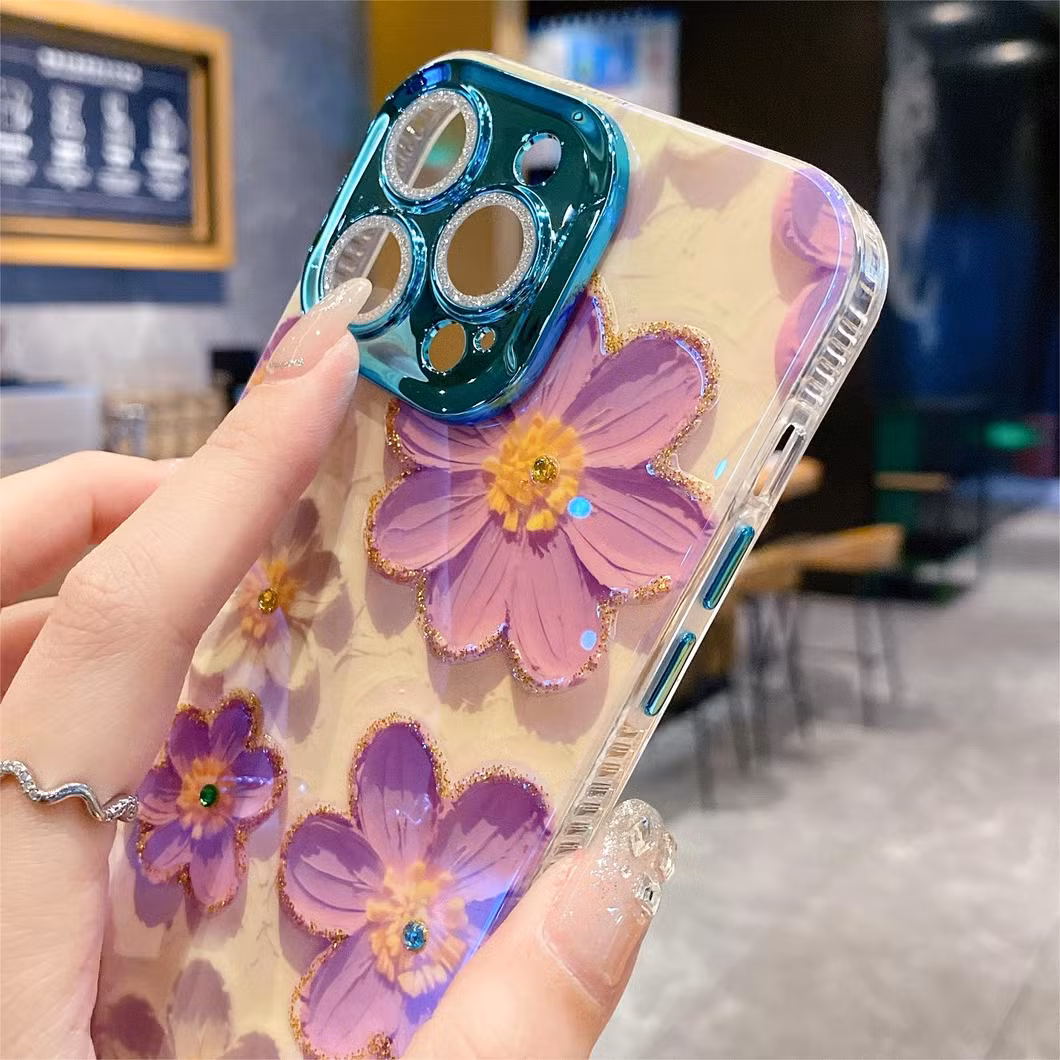 Blue Rhinestone Oil Painting Purple Flower Phone Case for iPhone15 14 13 12 11promax with Anti-Fall Protective