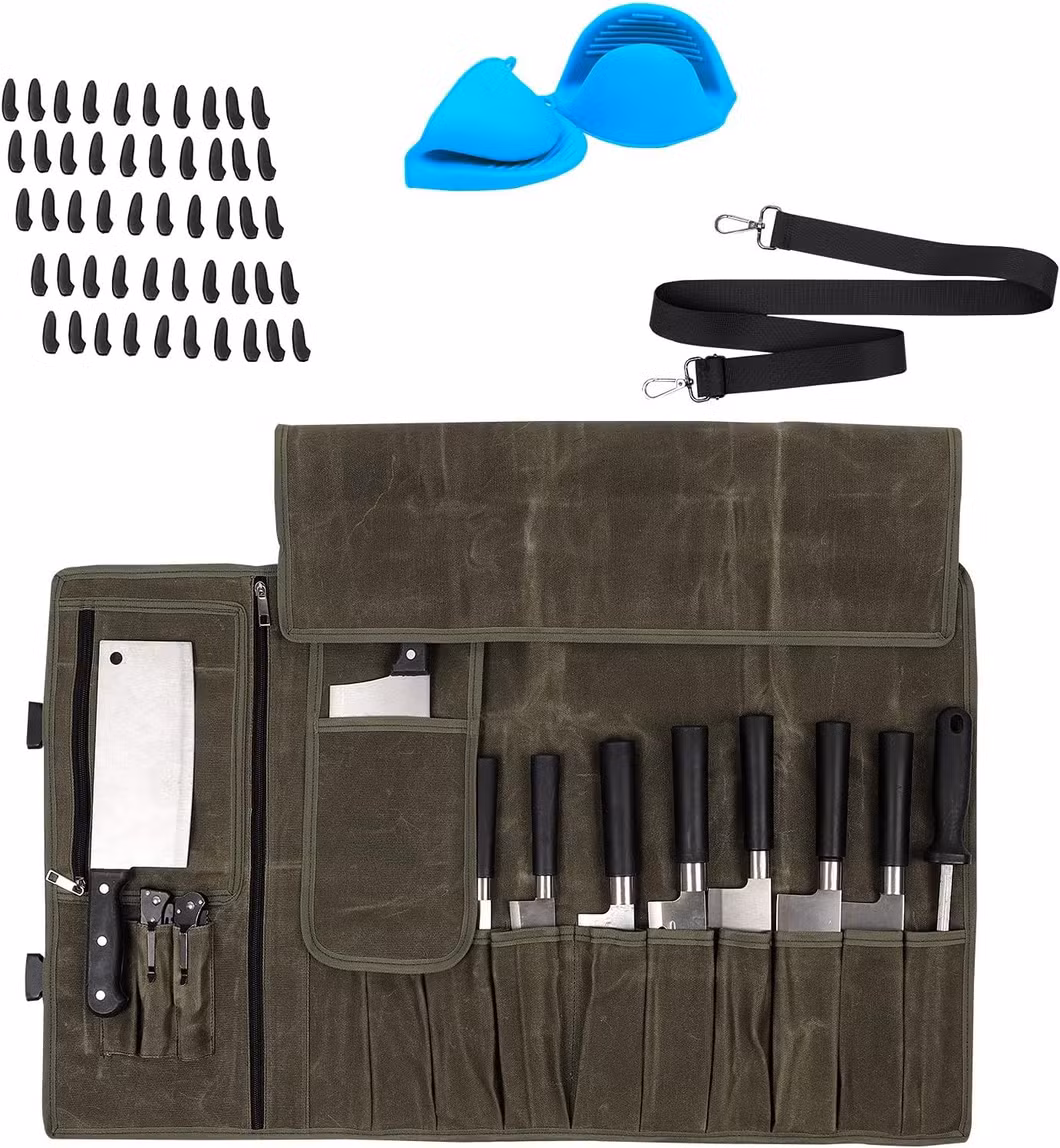 Waxed Canvas Knife Roll Bag Green Knife Wrap Portable Knife Roll Waterproof Pocket Knife Carrier Durable 16oz Knife Case with Adjustable Shoulder