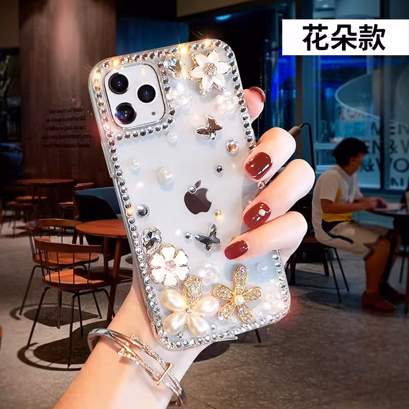 Perfume Bottle Apple 14PRO Rhinestone Flower 11 Transparent Soft Case IP 15/13 Mobile Phone Case
