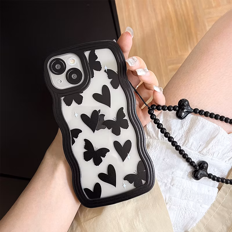 Big Wave Black Love Anti Drop Flower Phone Case for I-Phone 16