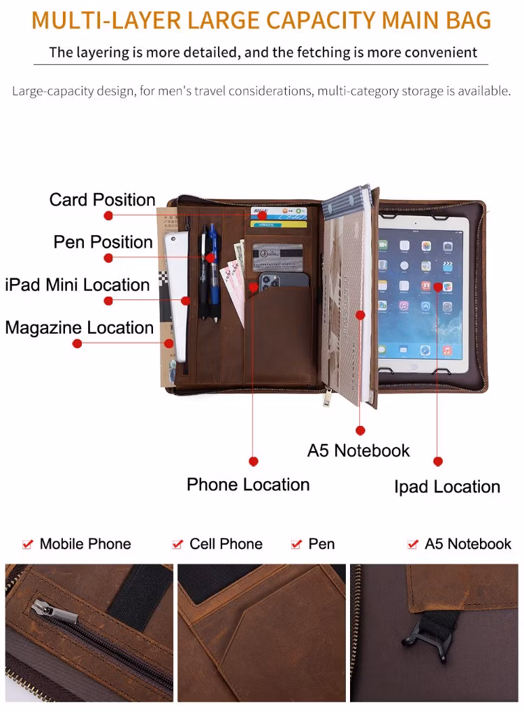 Custom Business Zipper Portfoliotablet Case Leather Padfolio Organizer Folder Case for iPad A5 Size Notepad Holder