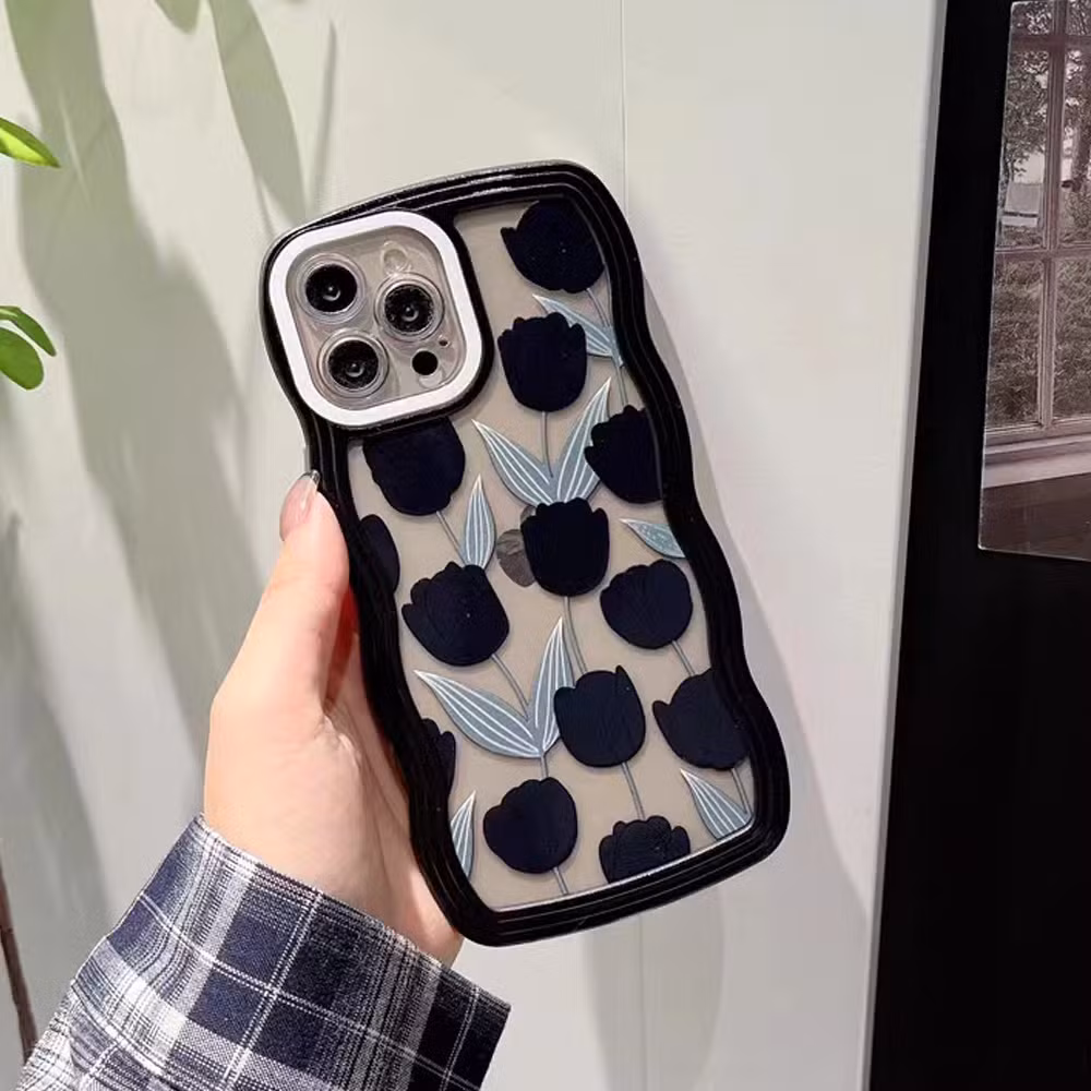 Big Wave Black Love Anti Drop Flower Phone Case for I-Phone 16