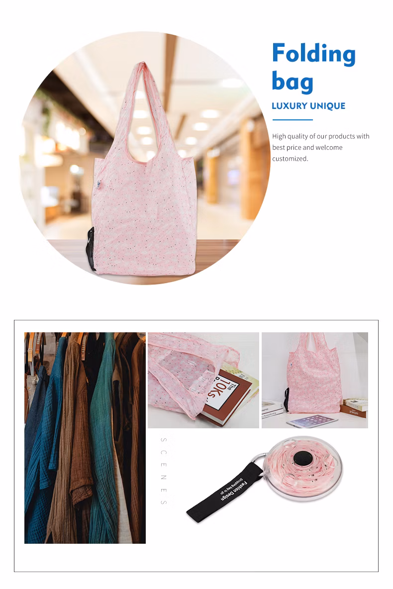 Custom Pink RPET Polyester Foldable Shopping Bag Roll up Into Plastic Case