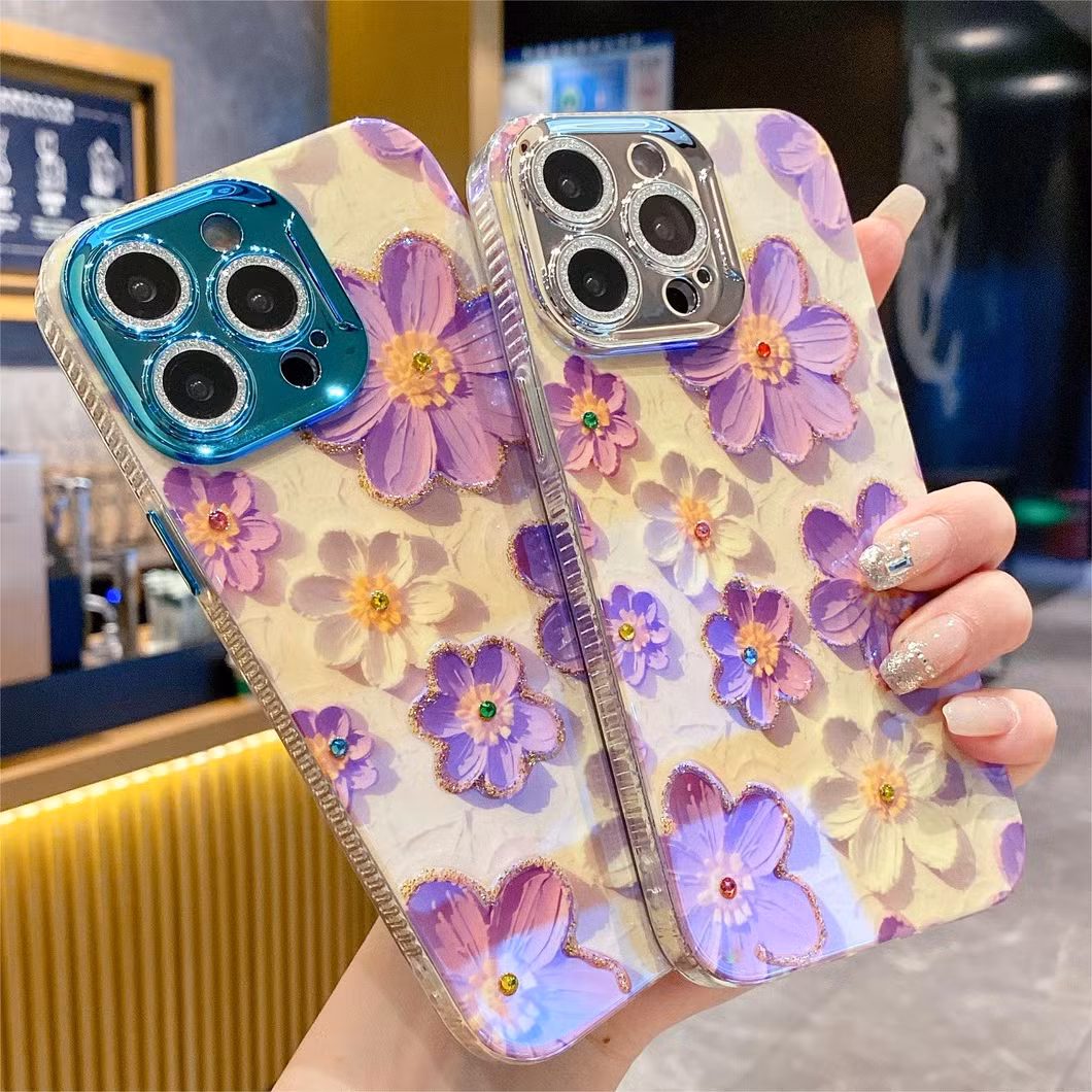 Blue Rhinestone Oil Painting Purple Flower Phone Case for iPhone15 14 13 12 11promax with Anti-Fall Protective