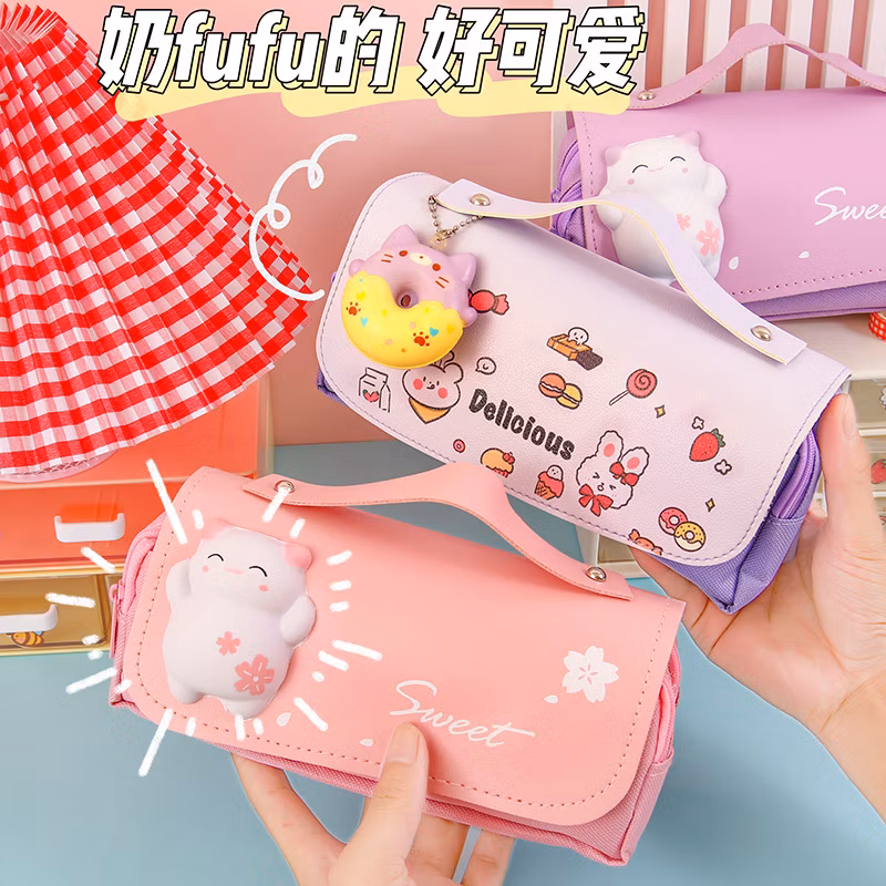 School Large Size Cartoon Donut Cat Design Cute Kawaii Pencil Case for Kids