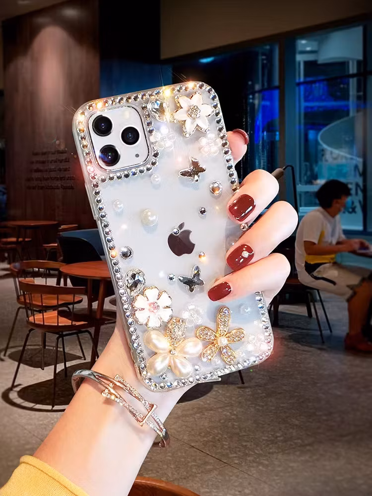 Perfume Bottle Apple 14PRO Rhinestone Flower 11 Transparent Soft Case IP 15/13 Mobile Phone Case
