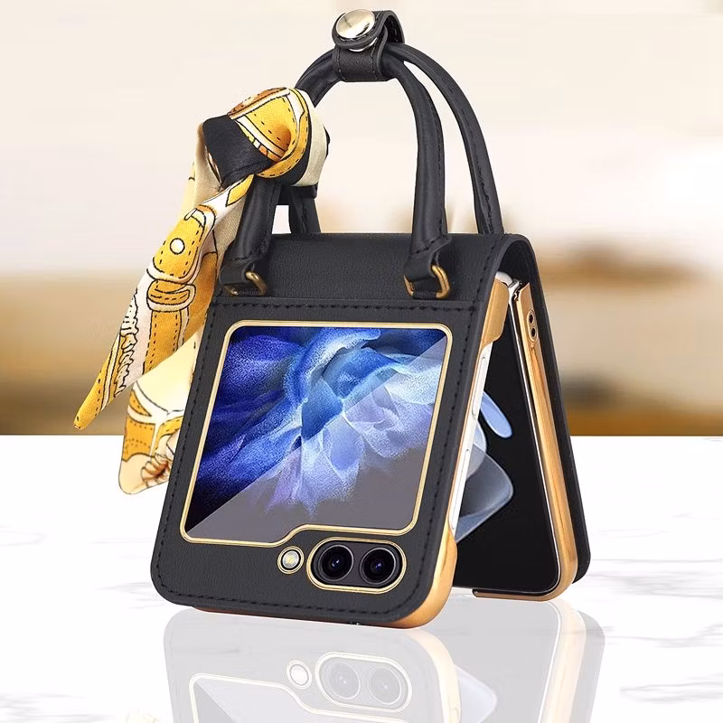 Factory Price Soft TPU Leather Hard PC Cell Phone Folding Case with Slik Strap for Samsung Galaxy Z Flip 5 4 3 5g