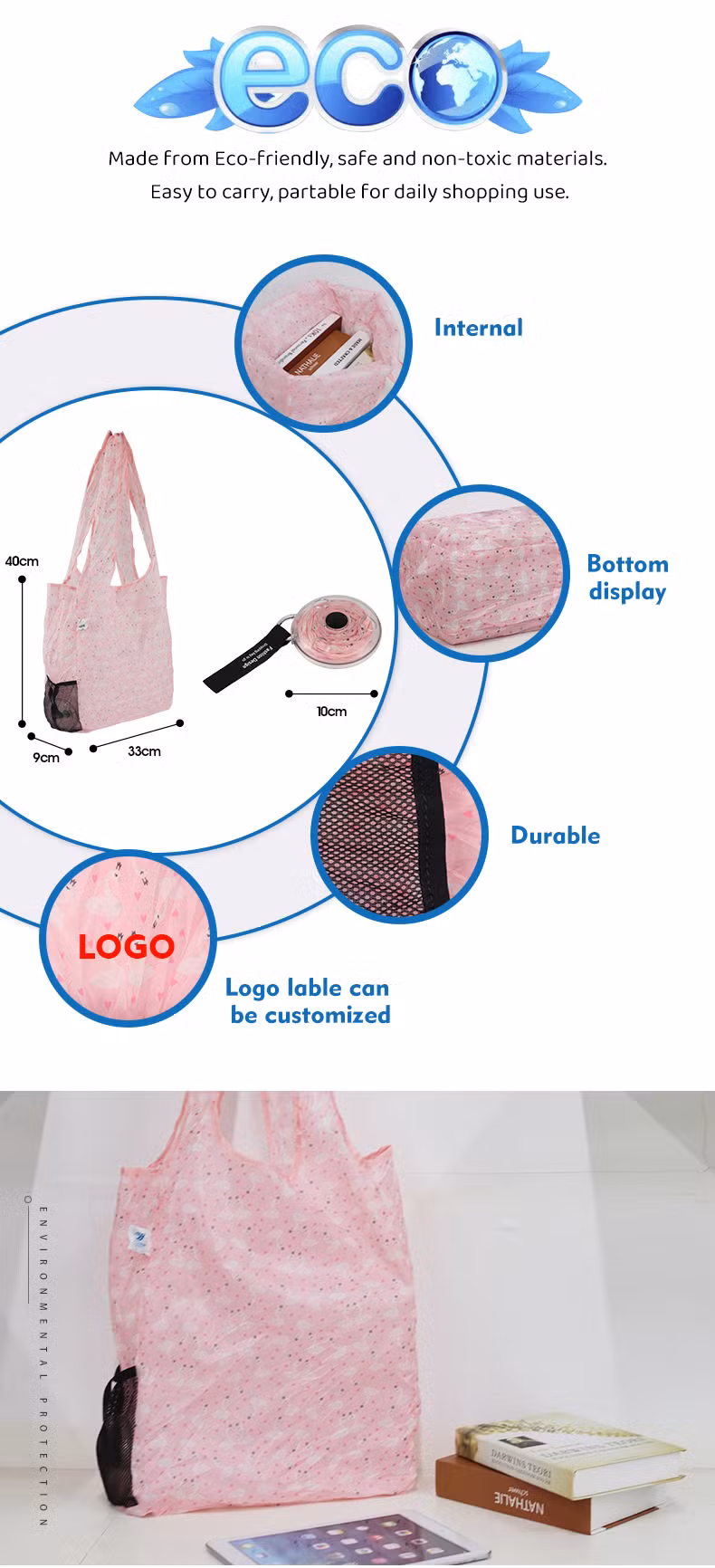 Custom Pink RPET Polyester Foldable Shopping Bag Roll up Into Plastic Case