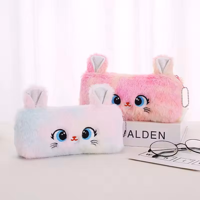Kawaii Plush Cat Pencil Case for Kids Zipper Large Capacity Pencil Organizer
