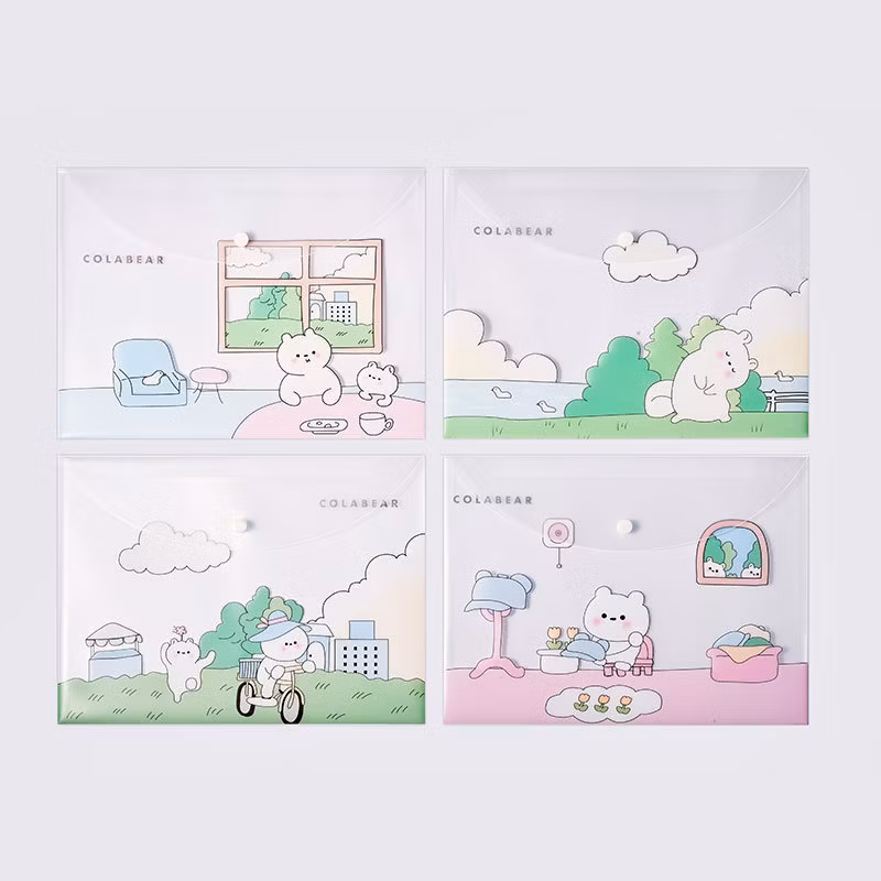 New Snap Button Translucent File Bag Kawaii Cute Storage File Bag Custom PVC Folder Pencil Case Bag