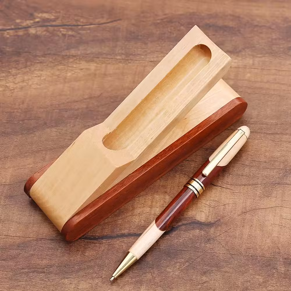 Classical Luxury Maple Wooden Ballpoint Pen with Wood Package Box Foldable Bamboo Ink Pen in Pencil Cases