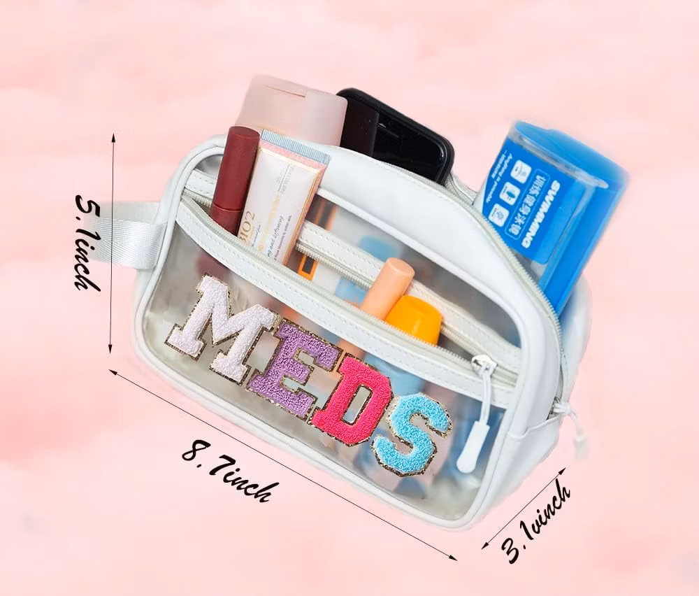 Letter Patch Clear Bag Preppy Multi-Purpose Large Travel PVC&Nylon Clear Makeup Toiletry Storage Zipper Pouch Bag with Handles