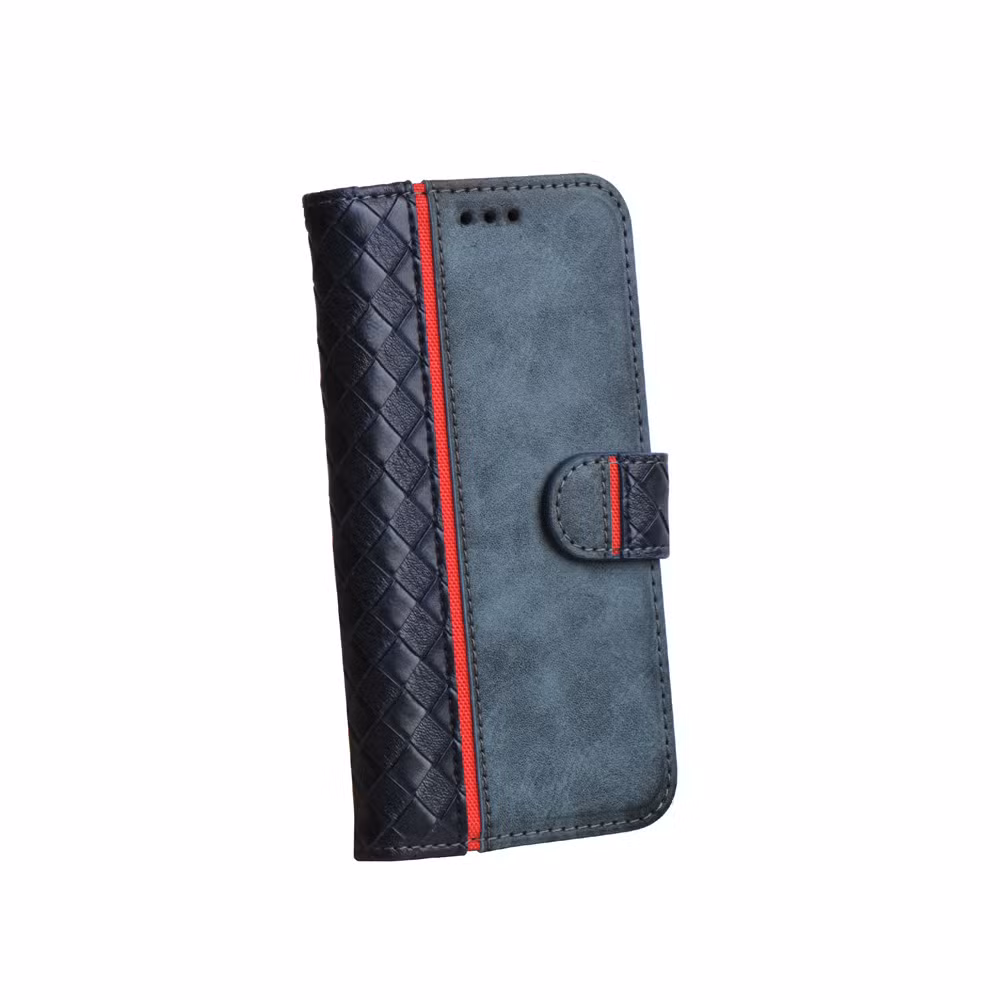 Fashion Carbon Pattern Mobile Phone Book Flip Protective Cover Case for iPhone 14 with Metallic Coating Frame Factory OEM Logo Card Slots and Stand Magnetic