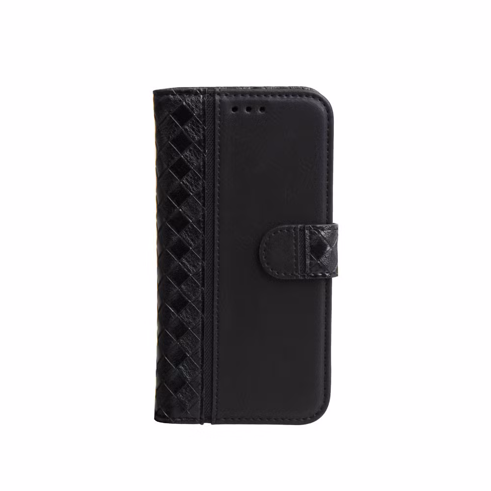 Fashion Carbon Pattern Mobile Phone Book Flip Protective Cover Case for iPhone 14 with Metallic Coating Frame Factory OEM Logo Card Slots and Stand Magnetic