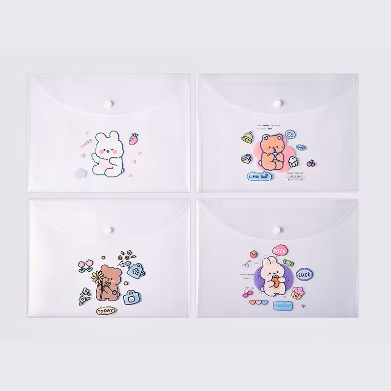 New Snap Button Translucent File Bag Kawaii Cute Storage File Bag Custom PVC Folder Pencil Case Bag